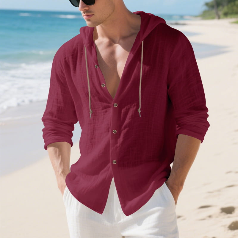 Men linen hooded cardigan shirt in maroon with light-colored drawstrings and rolled sleeves made of breathable fabric.