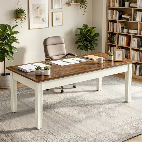 Escritorio ejecutivo de madera blanca con sobre de madera color marrón oscuro y patas acanaladas verticales de 62 pulgadas de medida.