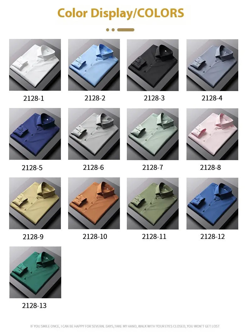Collection de chemises habillées en soie pour homme à manches longues, pliées avec soin, en couleurs unies blanc, bleu, noir, rose et vert et jaune, en coton net.