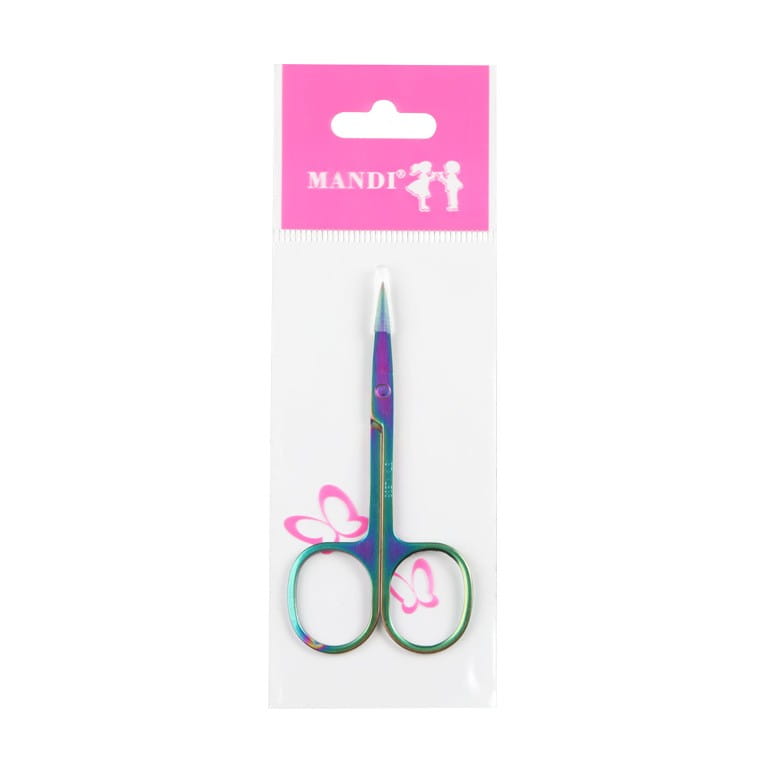 Ciseaux irisés en acier inoxydable pour taille-brow sourcils en forme de papillon, avec une finition arc-en-ciel dans un emballage rose et blanc.