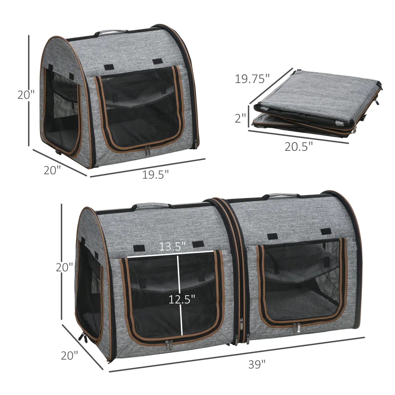 Two compartment soft pet cat carrier in grey with gray and black fabric, brown trim, mesh windows, and a foldable design.