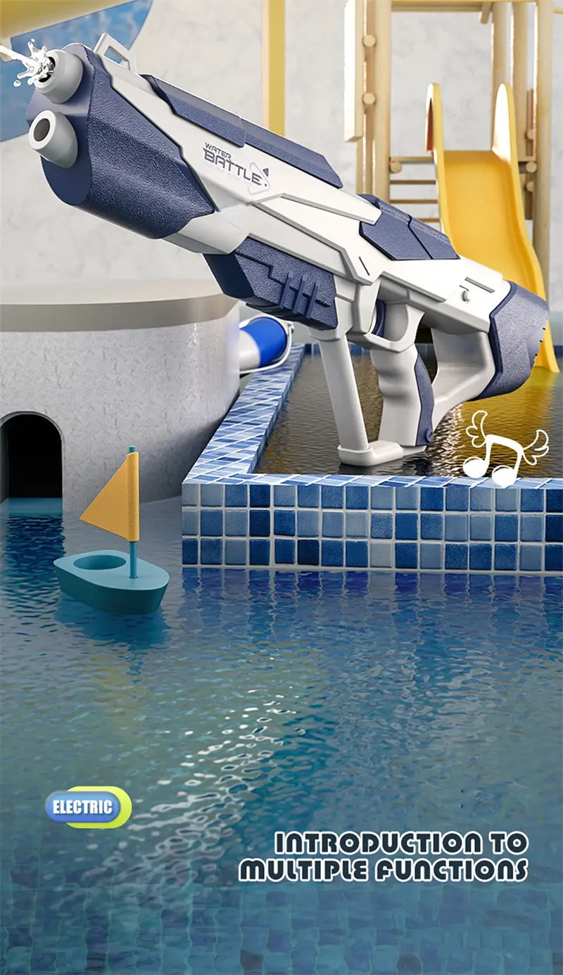 Blue and white electric water gun with textured grip and dual nozzles automatic glock toy for kids 358ml.