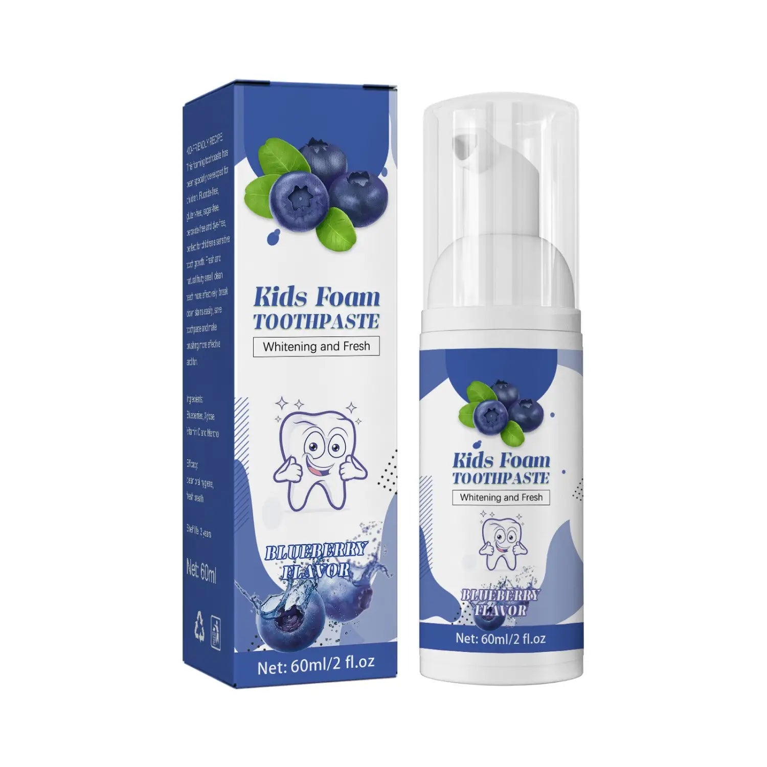 Kids foam toothpaste 60ml cavity protection blueberry in a white pump bottle with blue and green packaging design.
