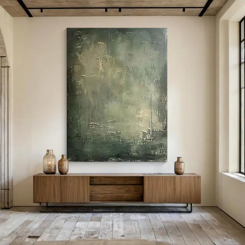 Eine große geometrische abstrakte Wabi-Sabi-Leinwand-Wandkunst in Grün und Beige mit strukturierten, geschichteten Farbtönen, die über einem Holzkonsolentisch hängt.
