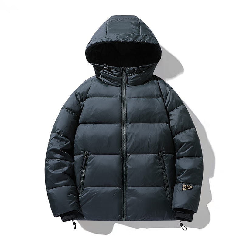 Chaqueta acolchada tipo puffer de oro negro en gris oscuro, con capucha y detalles en negro mediante cierres con cremallera, con diseño acolchado.