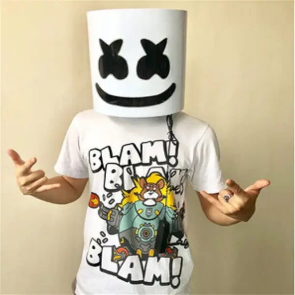 Casque de masque LED cylindrique blanc en forme de marshmello, avec un motif de visage souriant noir, émettant une lueur néon pour les enfants