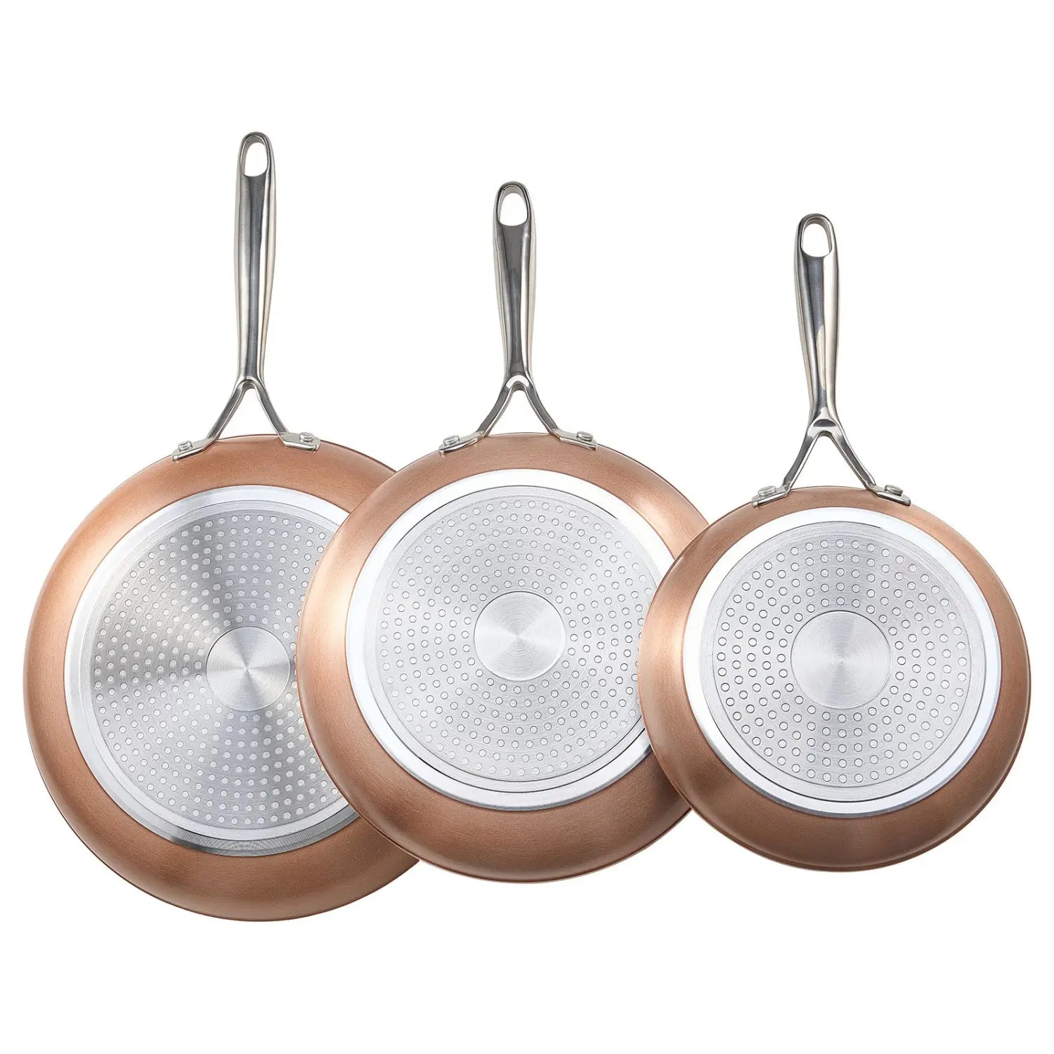 Set of three rose gold nonstick ceramic frying pans with stainless steel handles and textured silver cooking surfaces.