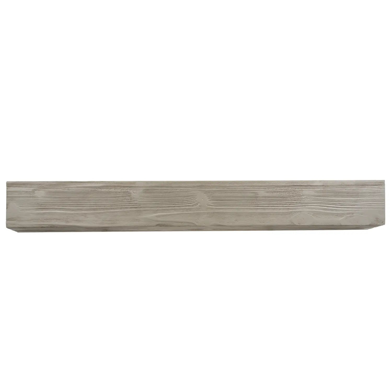 Étagère de cheminée flottante en bois rustique de 72 pouces, au design rectangulaire allongé, avec une finition vieillie gris clair et une texture de veines du bois visible.