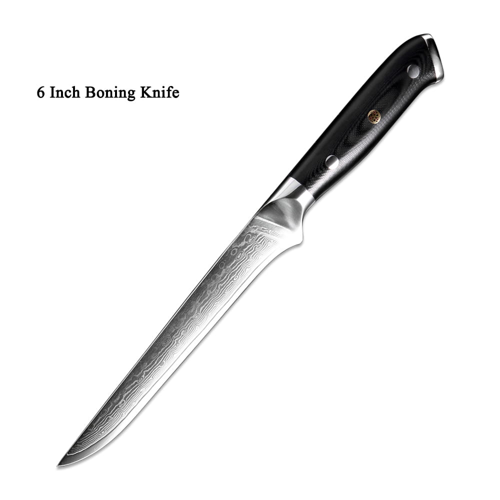 Ein elegantes 15,2-cm-Grätenmesser (6 Zoll) aus dem Damaststahl-Küchenmesserset 4-teilig, mit Klinge aus Damaststahl und aufwendigen wellenförmigen Mustern sowie einem schwarzen, strukturierten G10-Griff, der mit goldfarbenen Nieten befestigt ist.