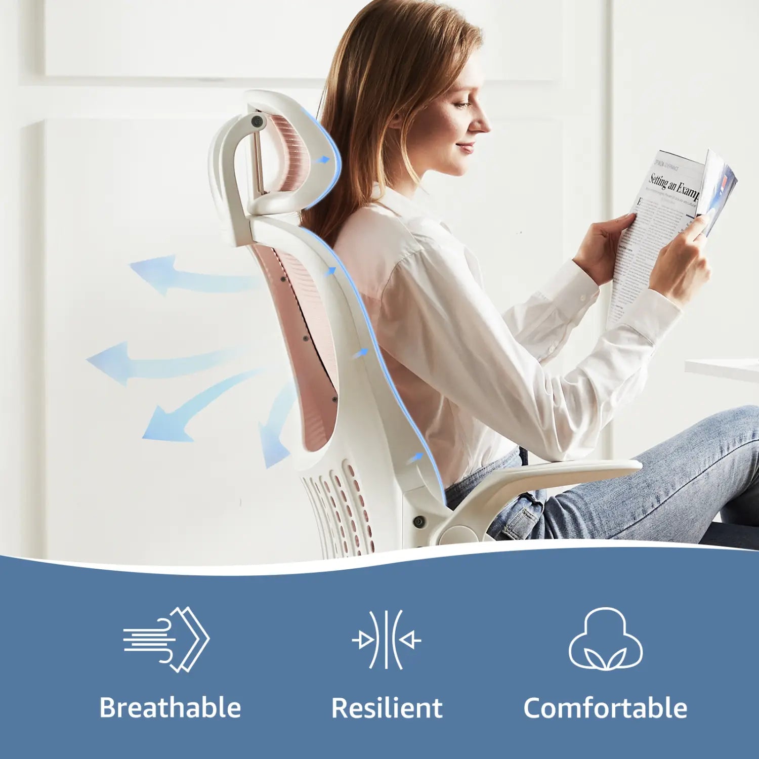 Chaise de bureau ergonomique en maille blanche avec dossier en maille respirante et appui-tête réglable, conçue pour un usage bureautique confortable.