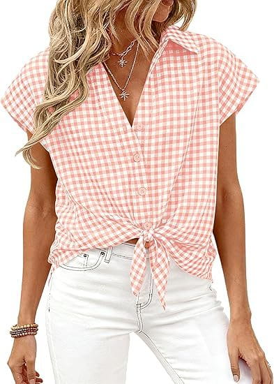 Pink and white gingham short-sleeved plaid button up blouse with front knot made of lightweight fabric for casual wear