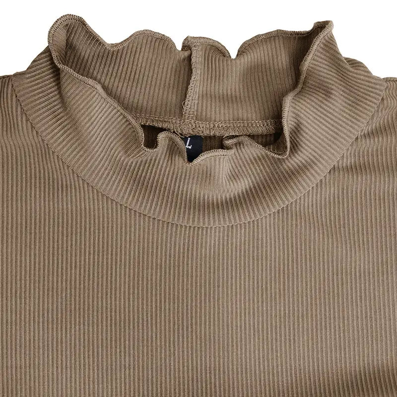A ribbed taupe-colored slim fit mock neck top for women featuring a delicate ruffled collar made from knit material.