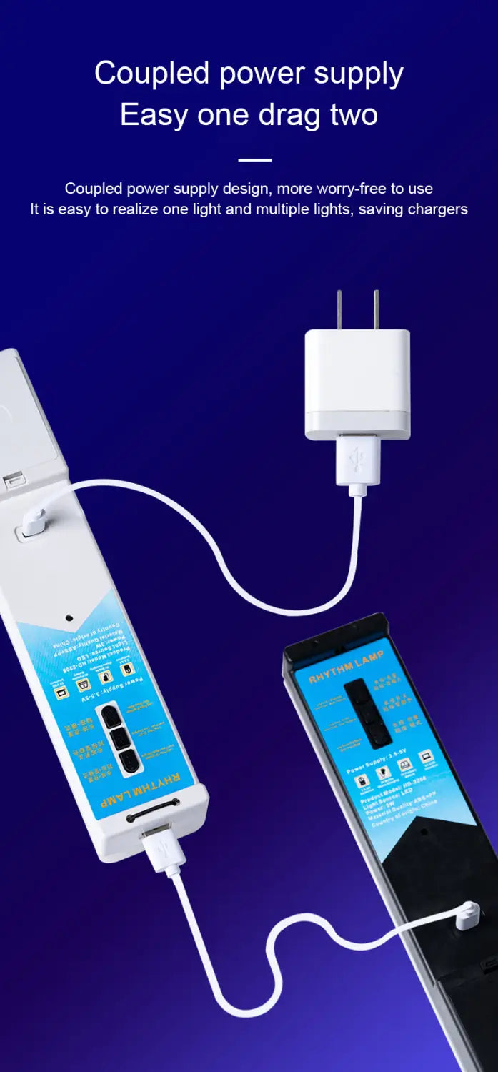 RGB-Rhythmus-Lichtleiste mit sprachaktivierter Gaming-Lampe mit einem weißen und blauen Netzteil sowie elegantem modernem Design für ein einfaches One-Drag-Two-Laden.