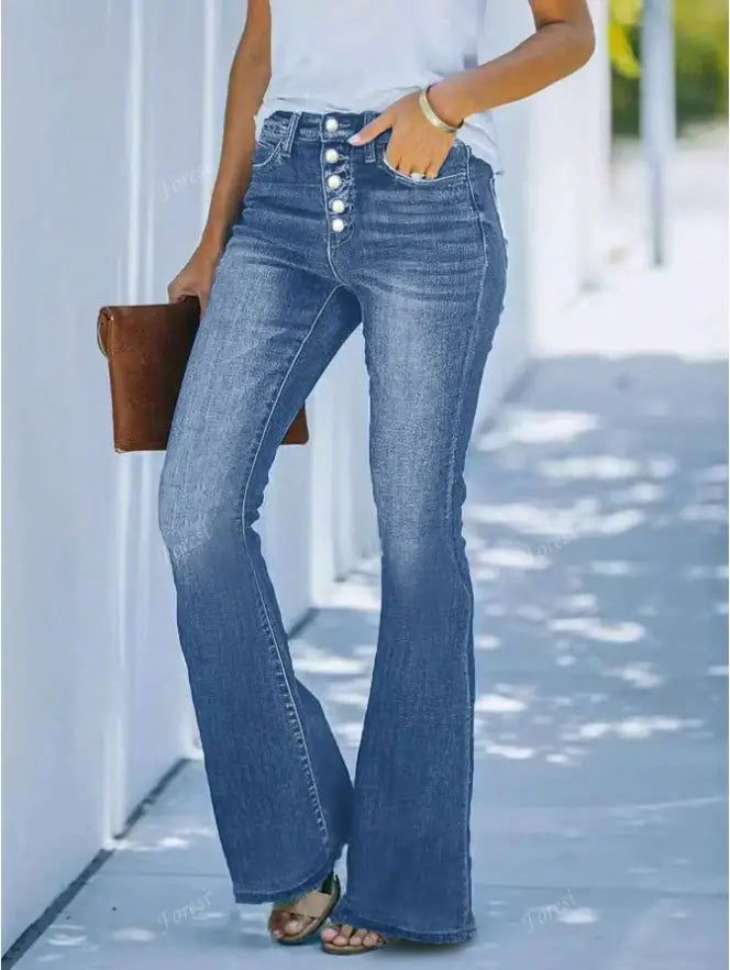 Light wash blue denim flare jeans for women with a button-front design and slim fit.