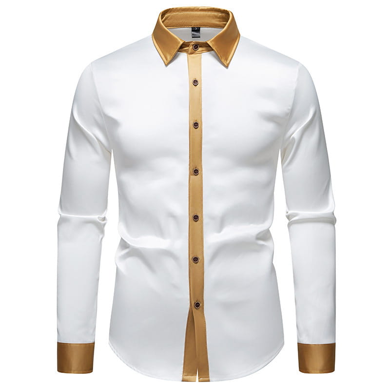 Camisa de vestir para hombre en color blanco con tapeta del cuello y detalles de los puños en satén dorado, en un diseño de camisa de manga larga colorblock de satén.