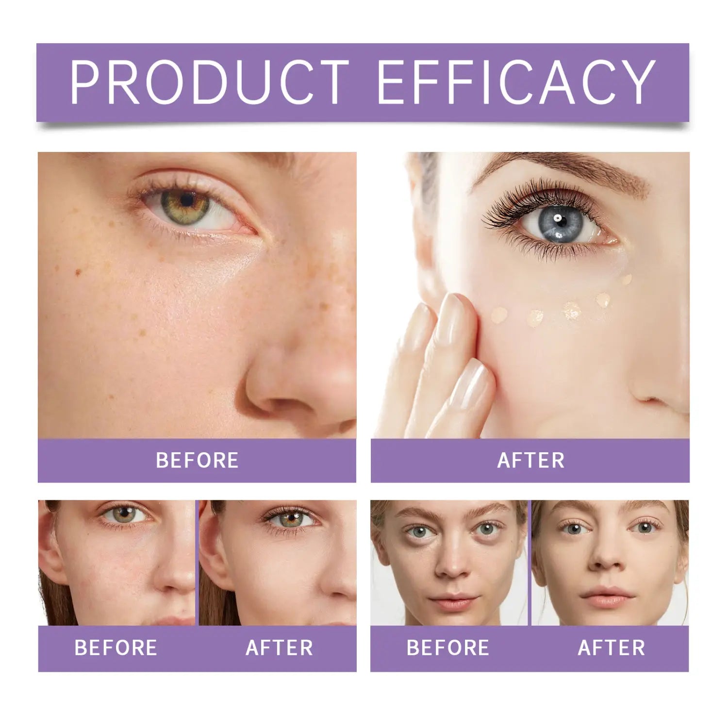 Images en gros plan avant et après montrant l’amélioration de la texture et du teint de la peau grâce à la bb crème flawless cover serum hydratante 50 g autour des yeux et des zones du visage