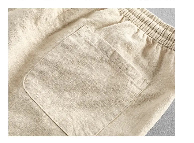 Men’s relaxed fit drawstring linen joggers in beige with an elastic waistband and a comfortable linen fabric.