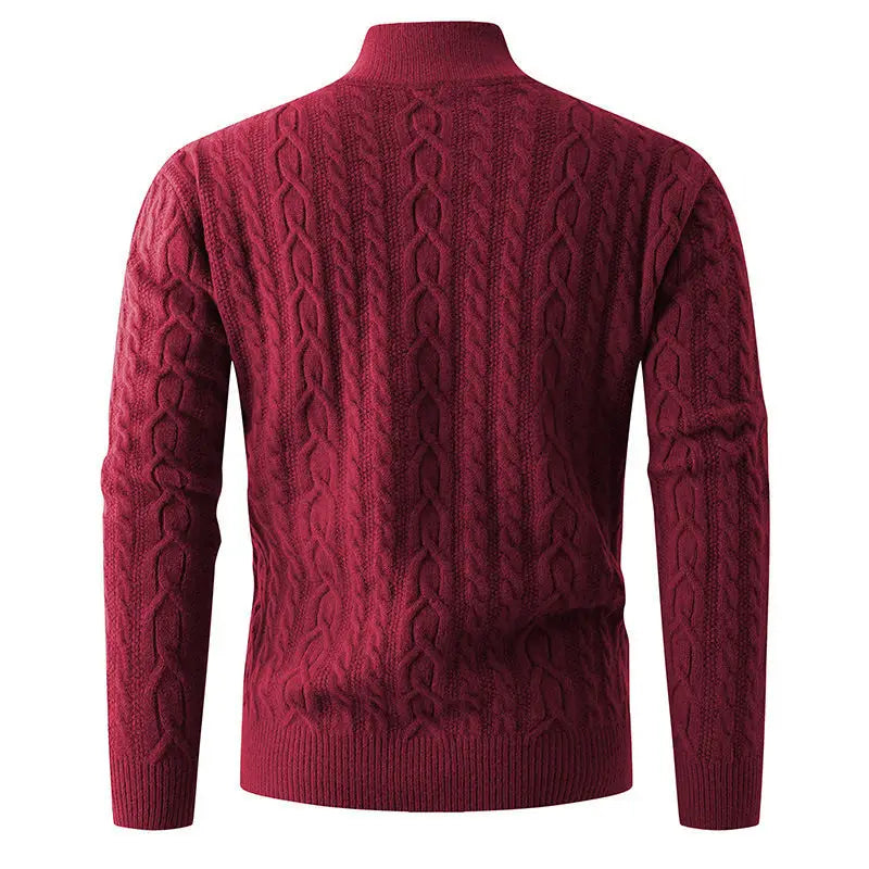 Men thick half zip cable knit sweater in rich burgundy with a textured interwoven cable knit pattern and a turtleneck design.
