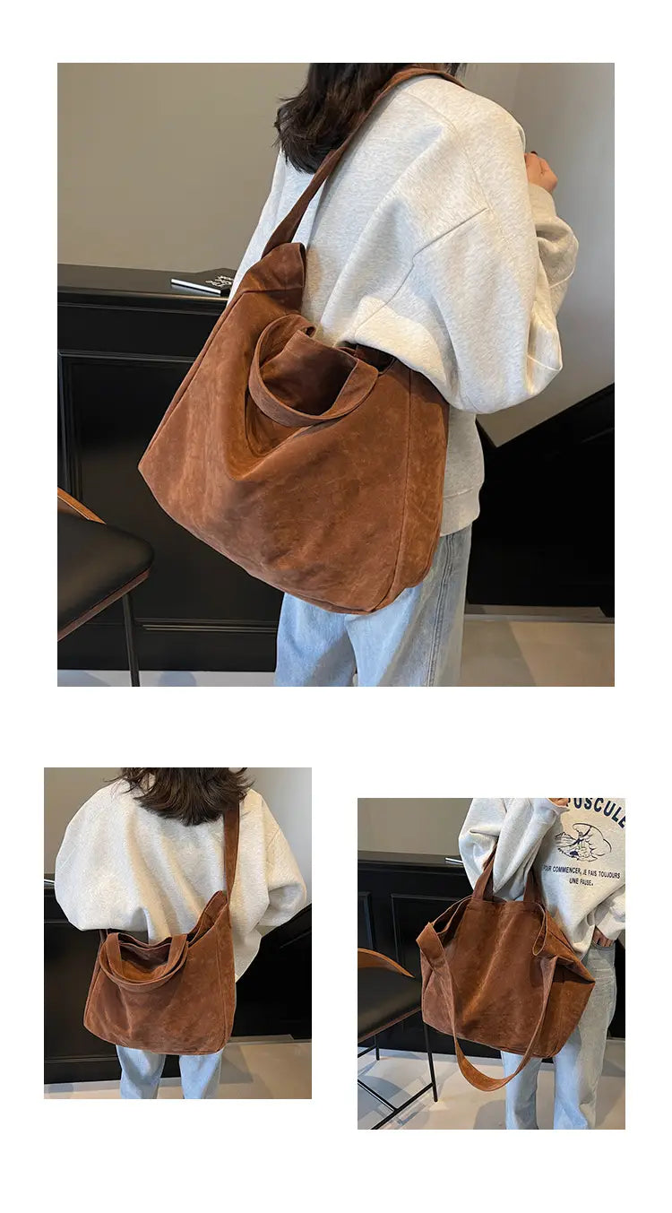 Brown suede tote bag with a large soft slouchy design and an adjustable corduroy shoulder strap.