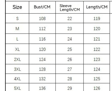 The table displays a size chart for women’s loose linen short sleeve midi beach dress with measurements from S to 5XL including bust, sleeve length, and total length in centimeters.