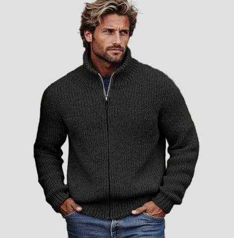 Pull-over zippé à col montant côtelé pour homme noir, à manches longues, présenté de dos.