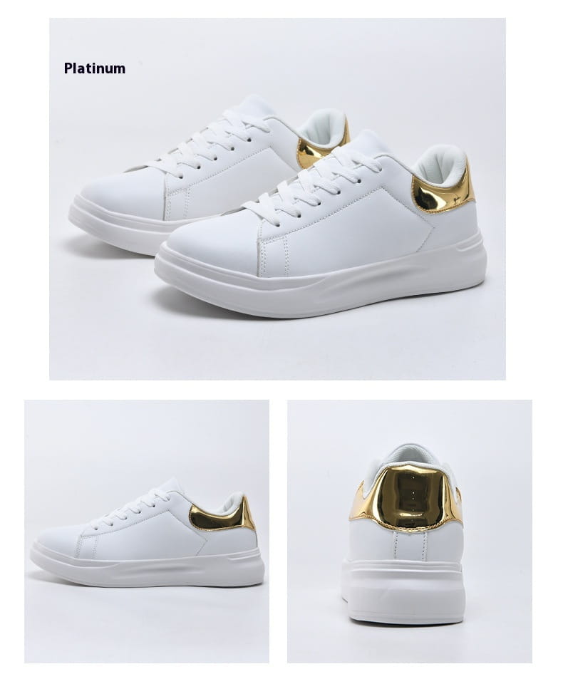 baskets de loisirs épaisses et imperméables en cuir blanc, avec des accents métalliques dorés au niveau du talon et de la languette, présentant un dessus au rendu cuir épuré et une semelle en caoutchouc blanc massif