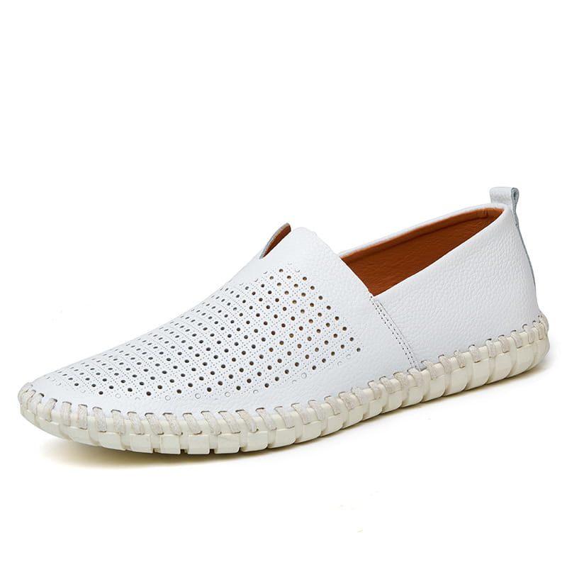 Men’s breathable navy blue perforated leather driving loafers with brown stitched sole and lining in large sizes.