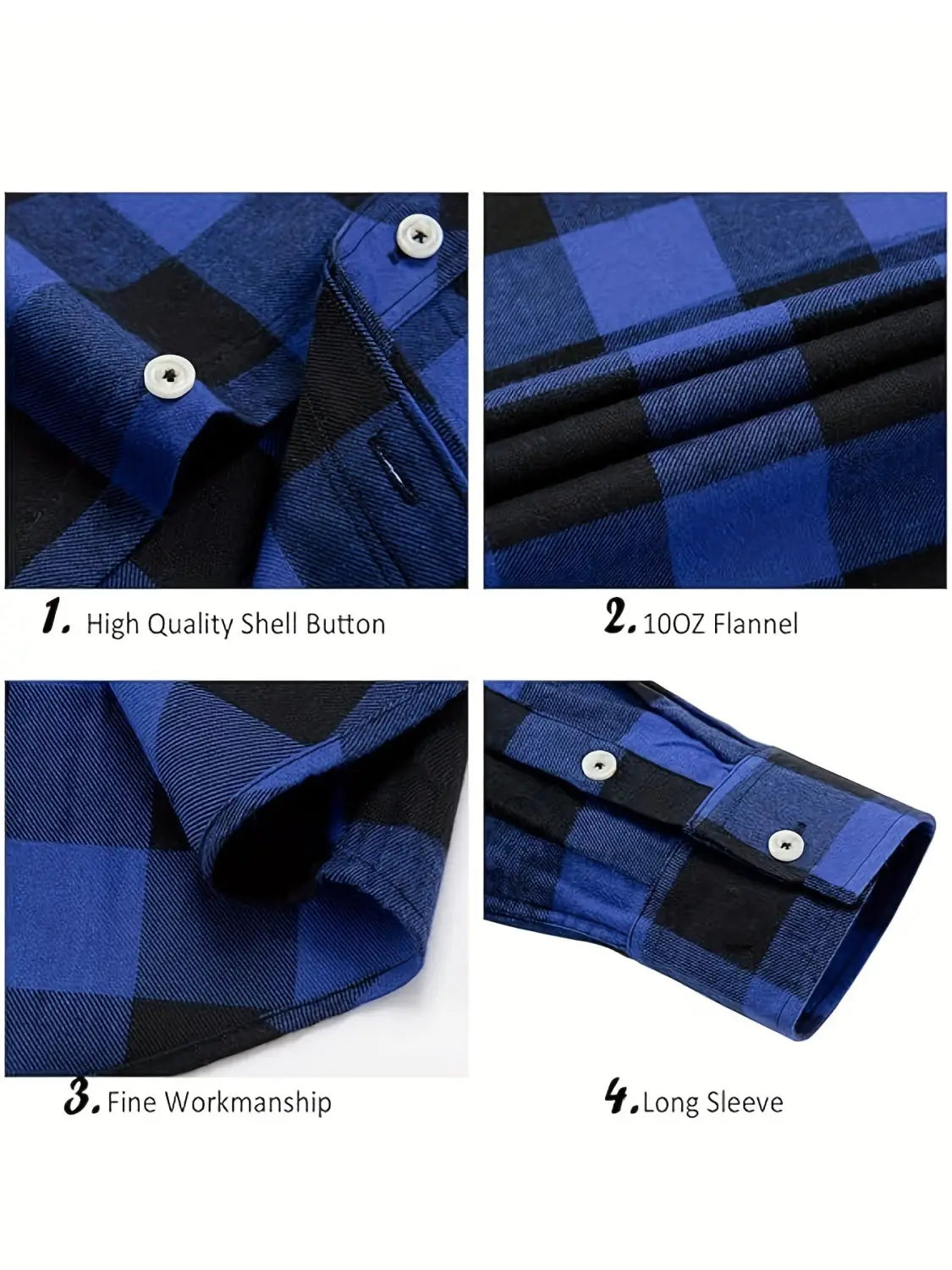 Men’s slim fit plaid flannel button up shirt in blue and black with white shell buttons.