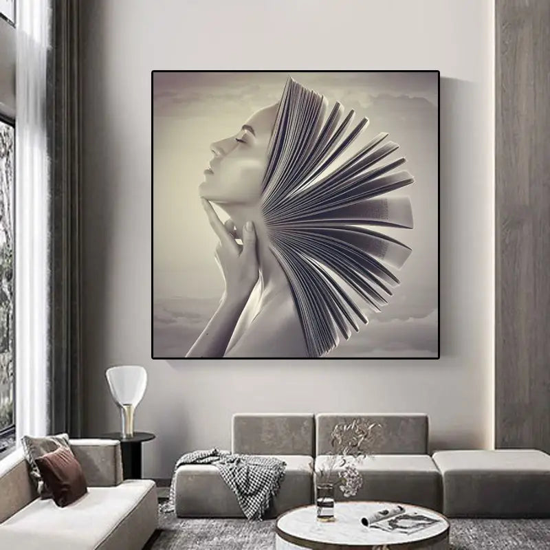 Impresión moderna en lienzo con marco negro titulada "Book Head Woman Profile", arte mural en lienzo enmarcado que presenta un retrato monocromático de una mujer de perfil con el rostro parcialmente oculto por páginas de un libro abierto.