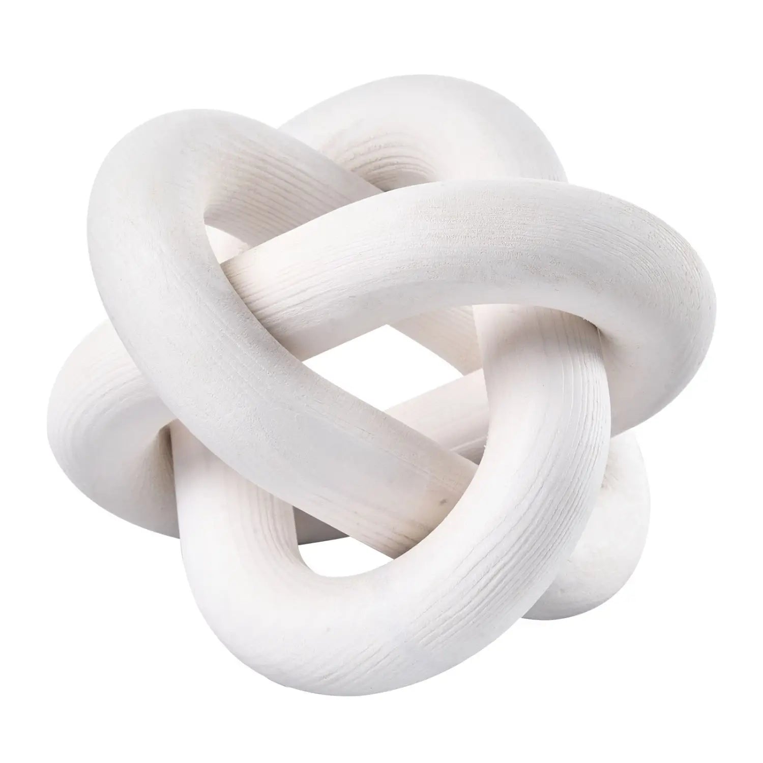 white matte-finished pine wood knot sculpture with smooth rounded loops featuring a three-link chain design for decorative use