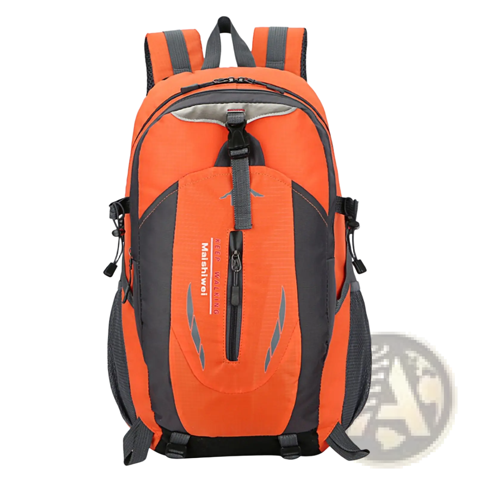 36l lightweight waterproof hiking backpack in bright orange and black with reflective stripes and mesh side pockets