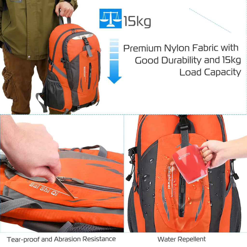 Orange and black 36l lightweight waterproof hiking backpack made of premium water-repellent nylon fabric with reflective stripes