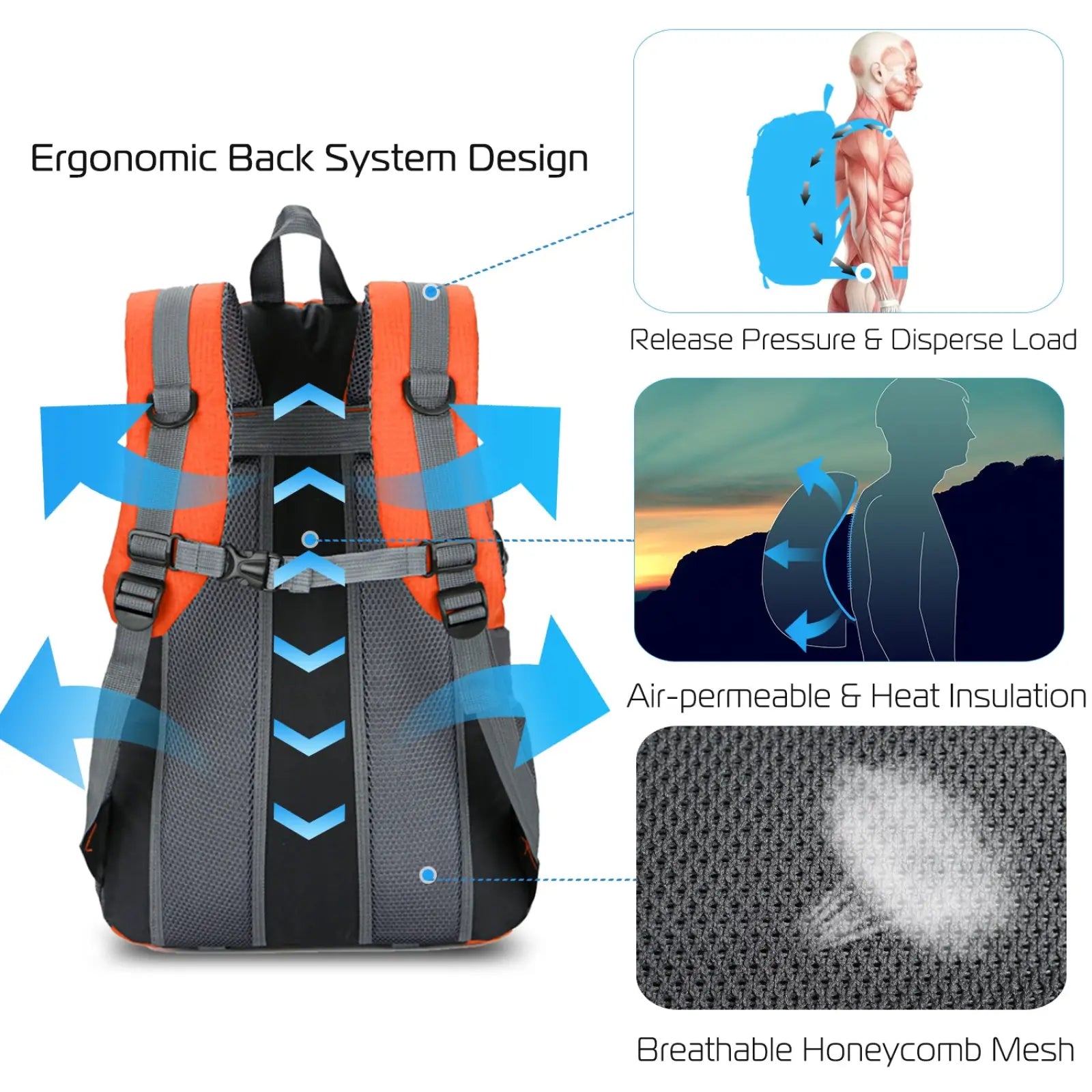 Orange and gray 36l lightweight waterproof hiking backpack with reflective stripes and breathable honeycomb mesh fabric