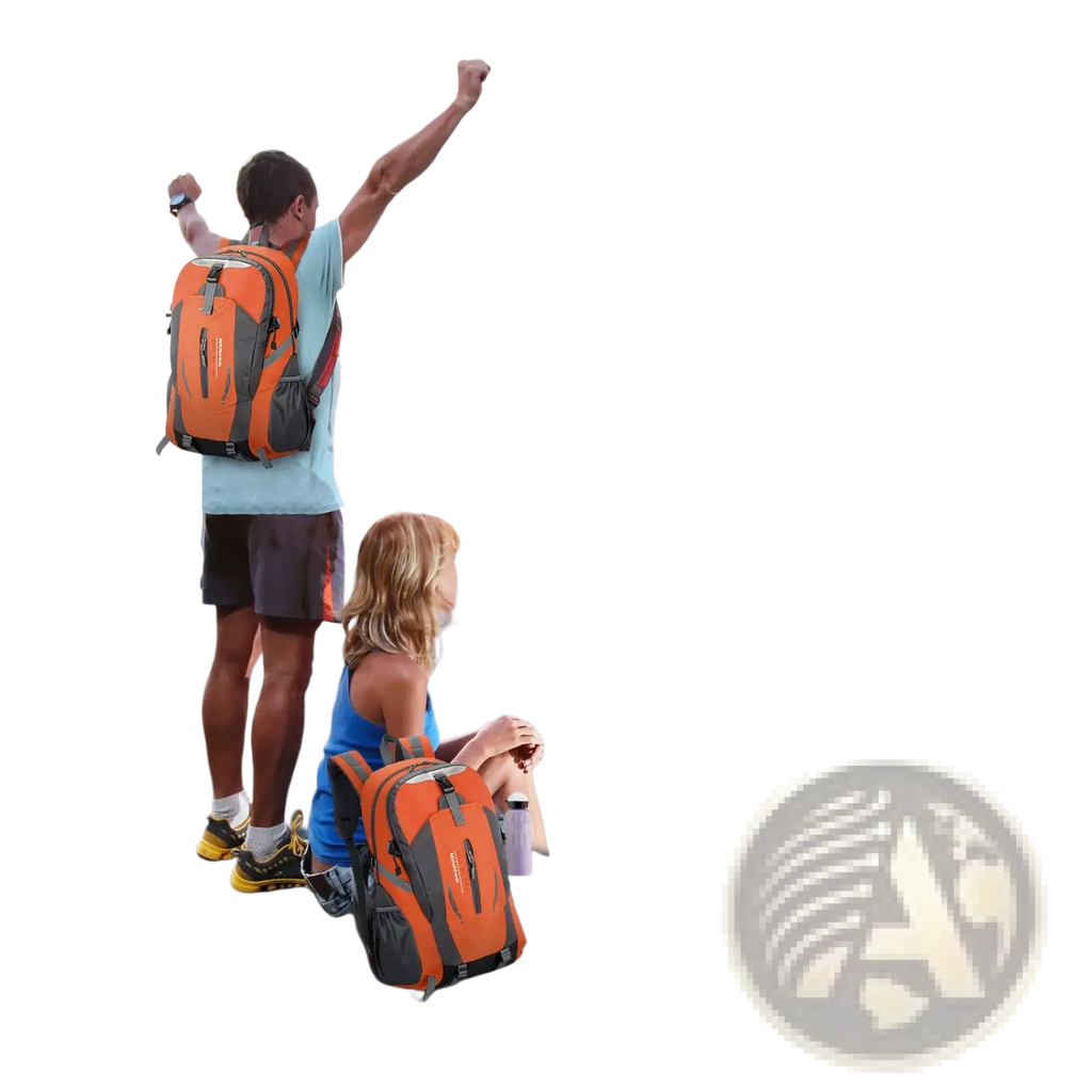 Orange and gray 36l lightweight waterproof hiking backpack with black accents and reflective stripes shown from back side