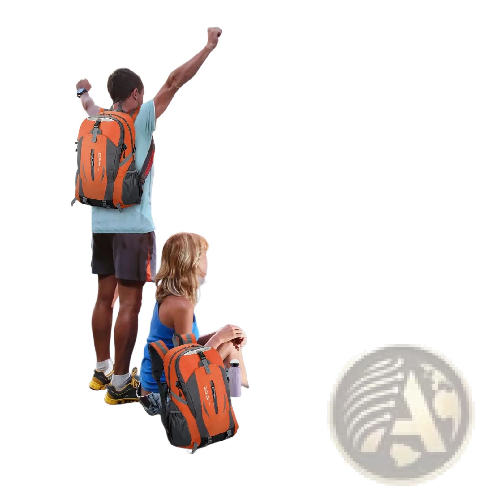 Orange and gray 36l lightweight waterproof hiking backpack with black accents and reflective stripes shown from back side