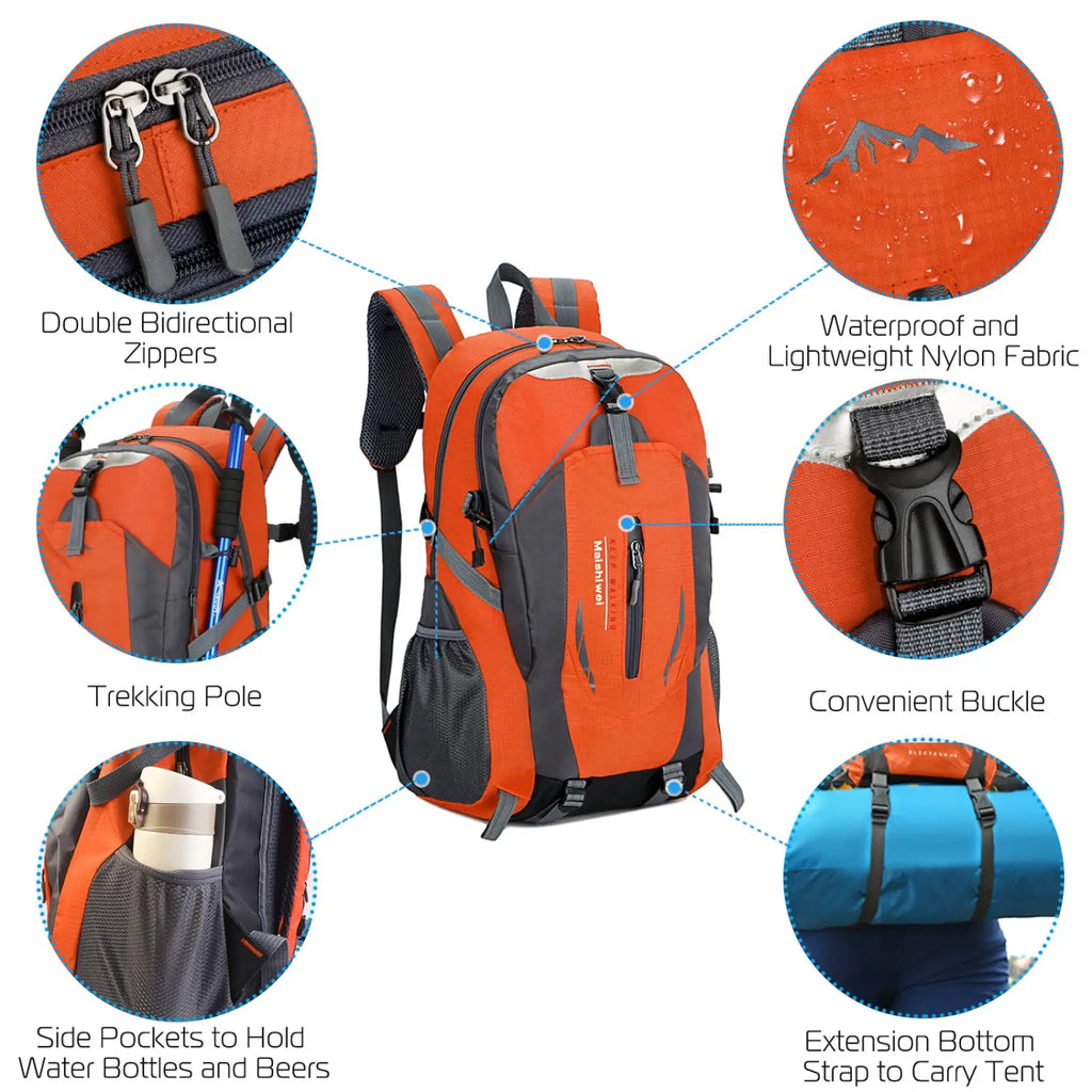 36l lightweight waterproof hiking backpack in orange and gray nylon with reflective stripes and multiple outdoor features
