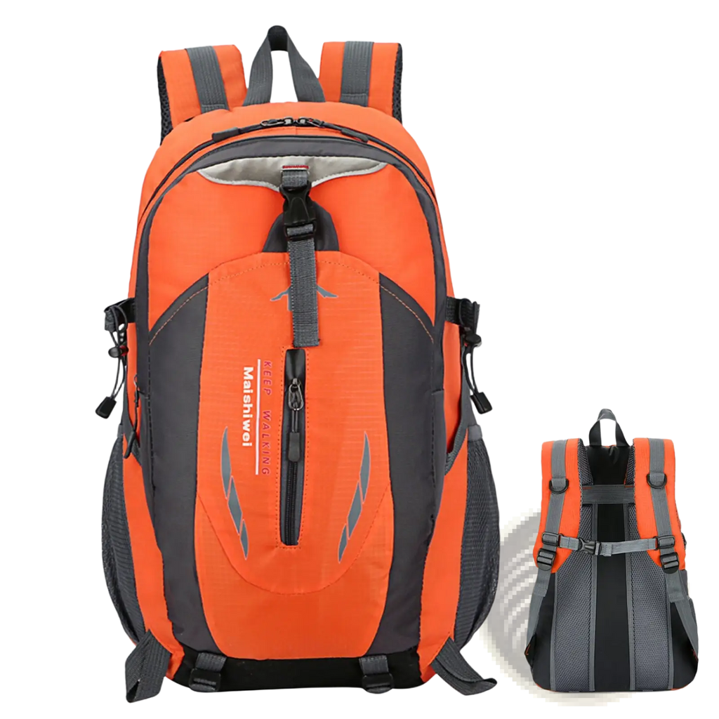 Bright orange and black 36l lightweight waterproof hiking backpack with reflective stripes and durable fabric for outdoor use