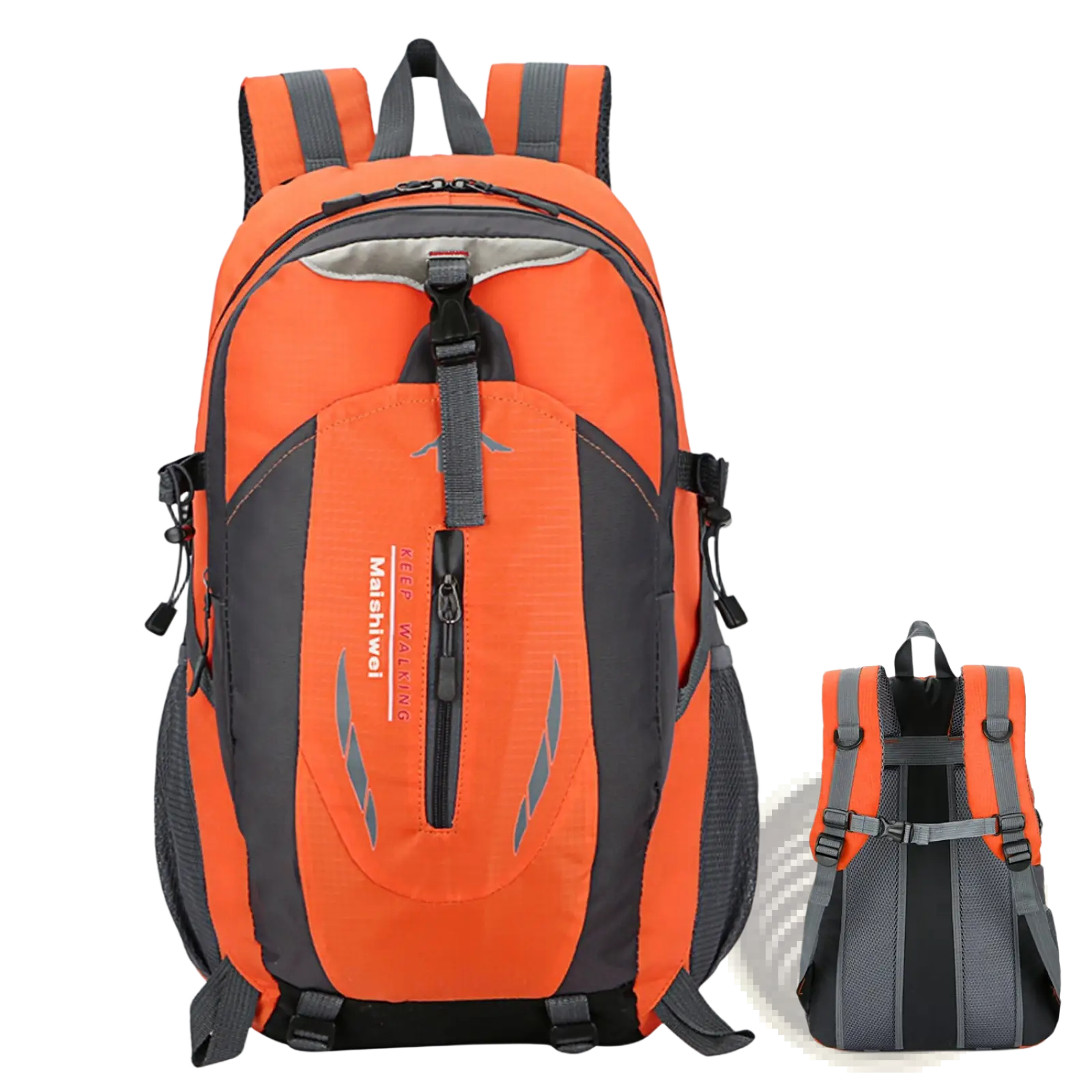 Bright orange and black 36l lightweight waterproof hiking backpack with reflective stripes and durable fabric for outdoor use