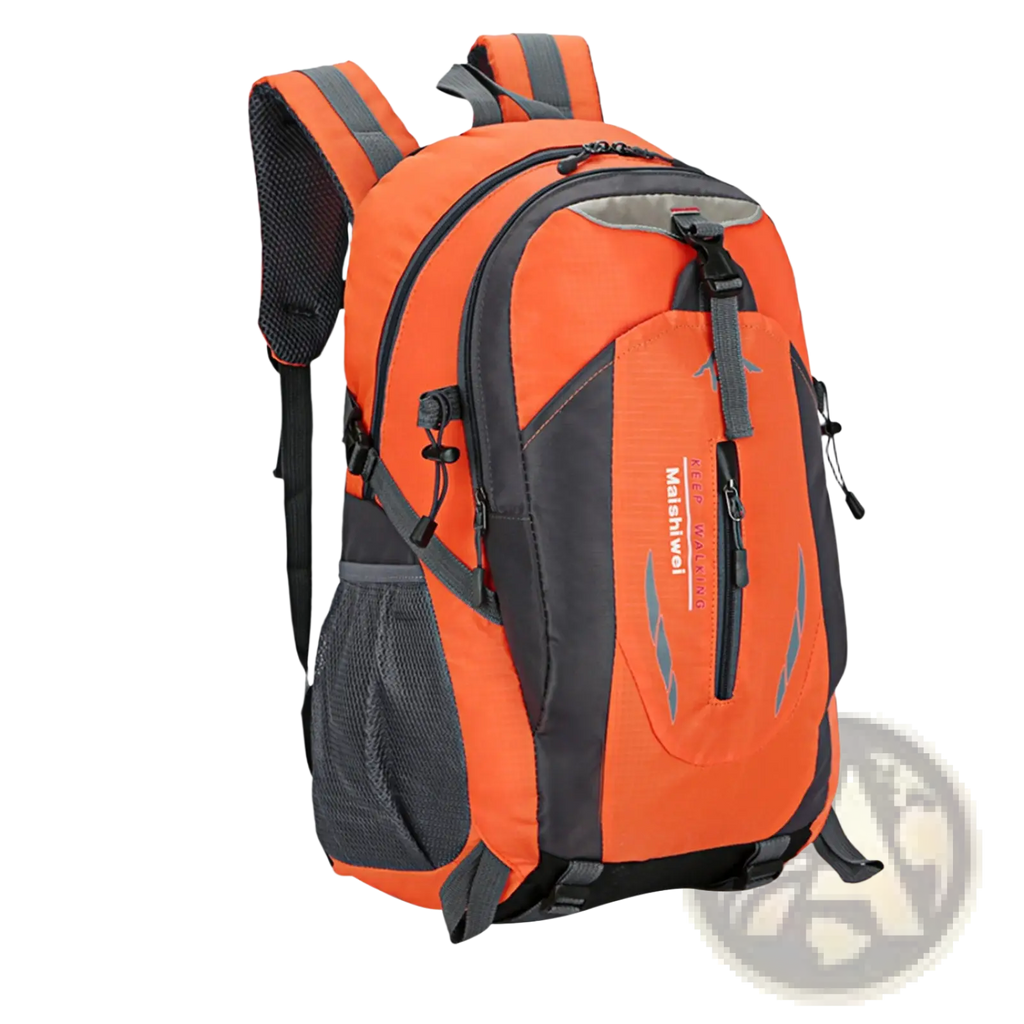 Orange and black maichiywei 36l lightweight waterproof hiking backpack with reflective stripes and mesh side pockets back view