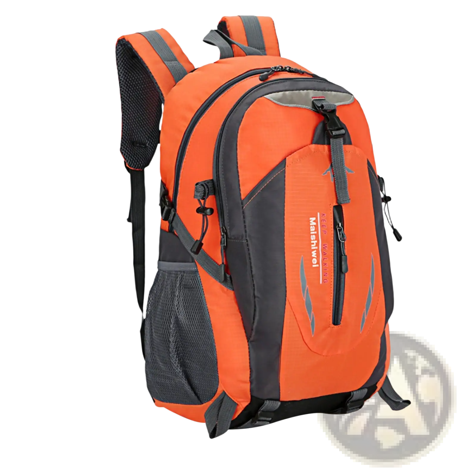 Orange and black maichiywei 36l lightweight waterproof hiking backpack with reflective stripes and mesh side pockets back view