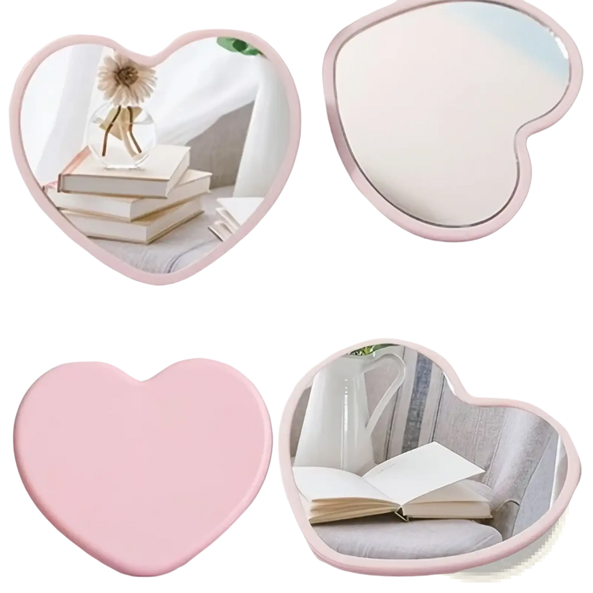 Pink heart-shaped compact mirrors with smooth glossy frames included in 36pcs bridal shower favors set