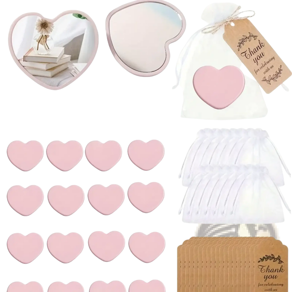 Pink heart-shaped bridal shower favors with soft matte finish and white borders for bridesmaids and weddings