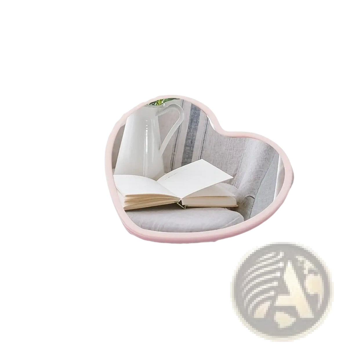 Pink heart-shaped mirror with smooth frame reflecting open book and pitcher ideal for bridal shower favors