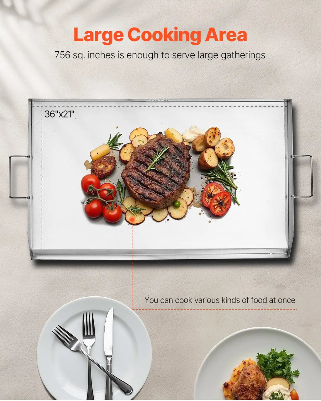 Rectangular stainless steel flat top griddle 36x22 inches with smooth surface and two side handles for grilling