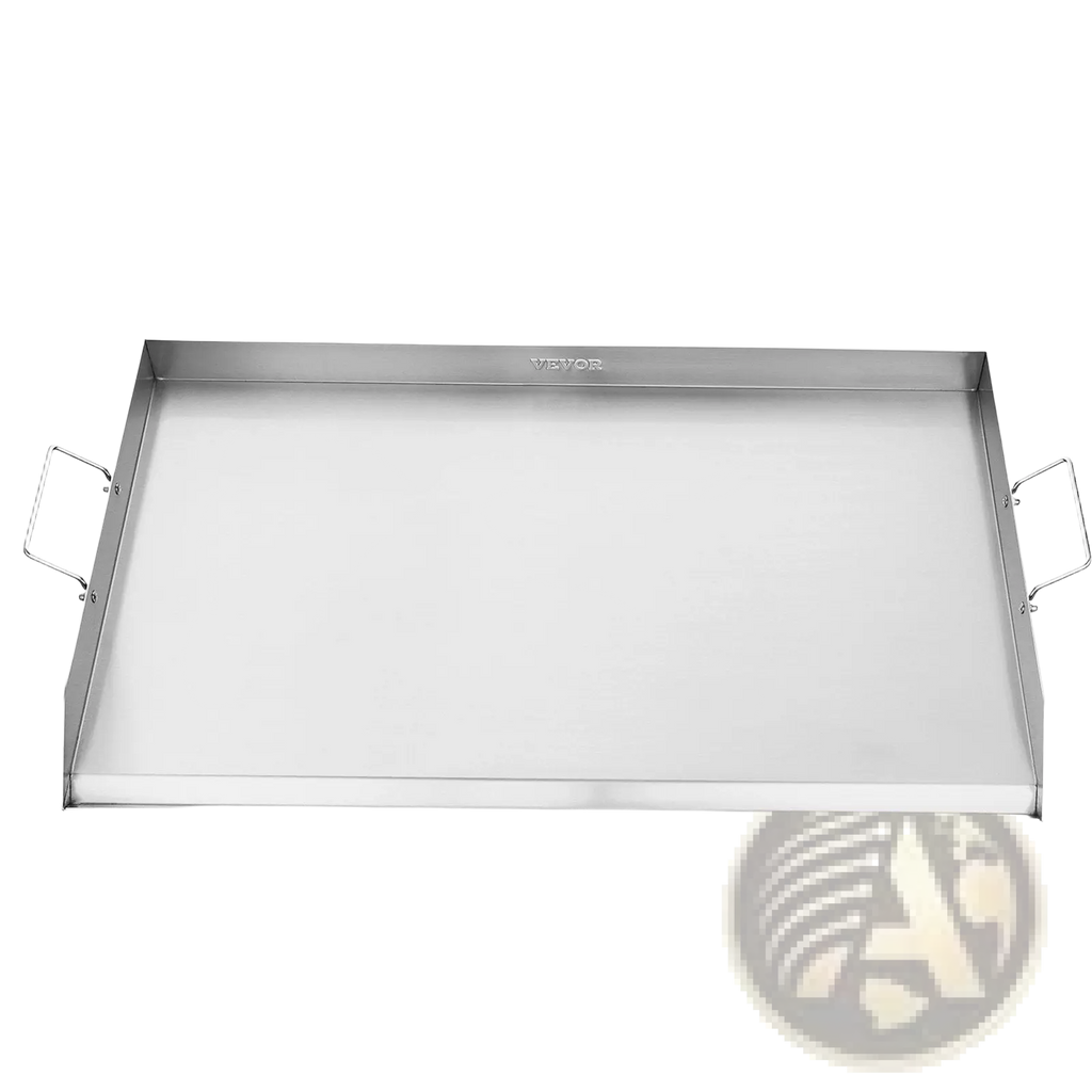 Silver stainless steel 36x22 flat top griddle bbq grill pan with two side handles and vector brand engraving on rim