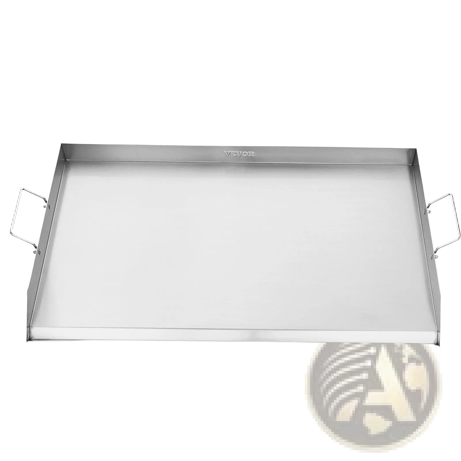 Silver stainless steel 36x22 flat top griddle bbq grill pan with two side handles and vector brand engraving on rim
