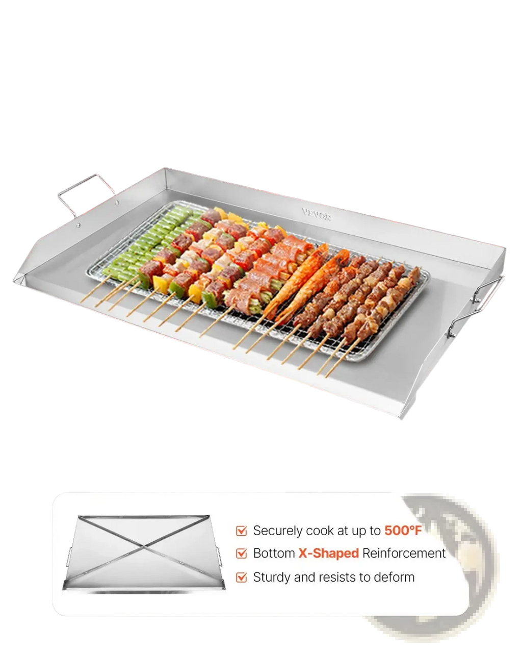 Silver stainless steel 36x22 rectangular grill pan with handles and x-shaped reinforced bottom design for grilling