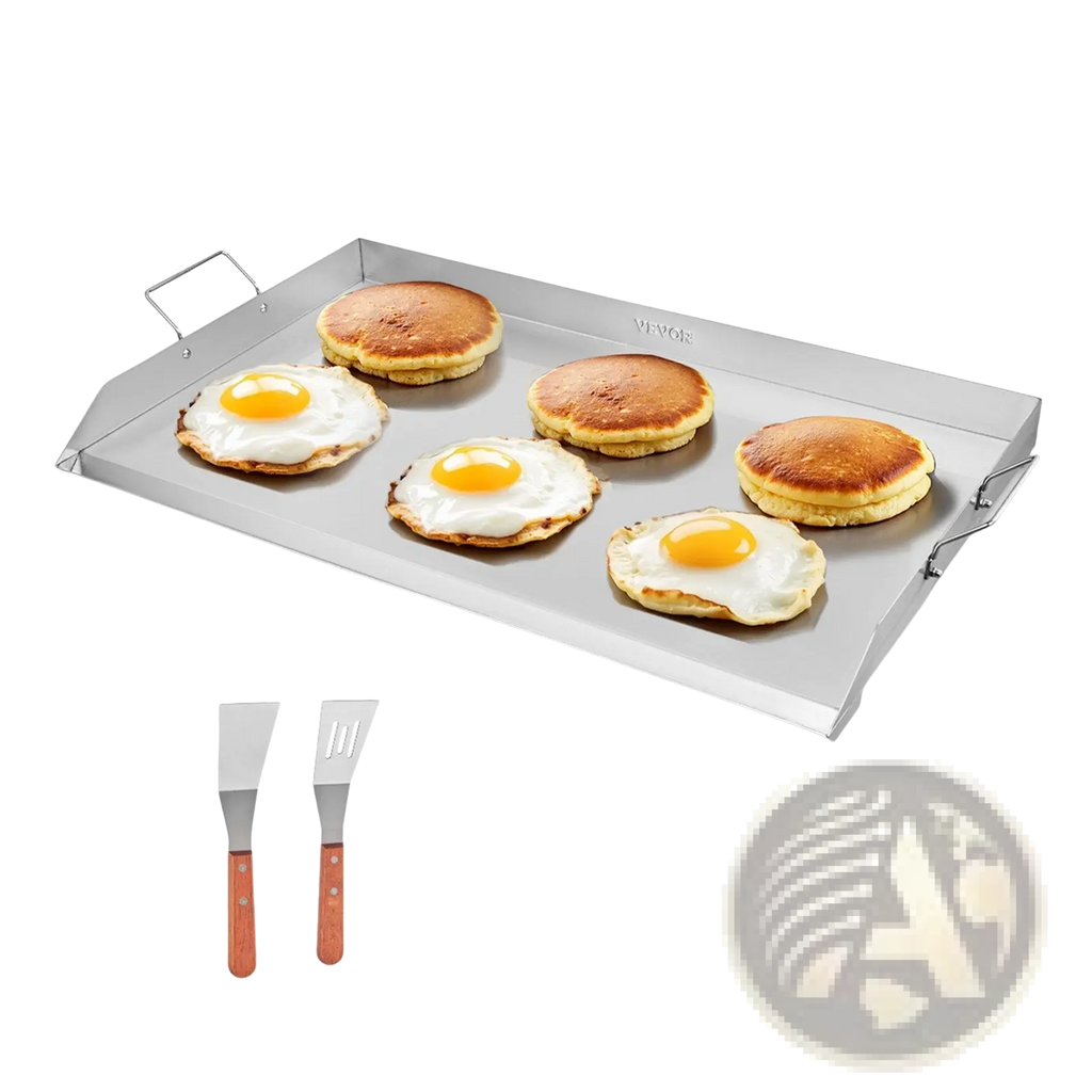 36x22 stainless steel flat top griddle bbq grill pan with wooden handled spatulas for outdoor cooking