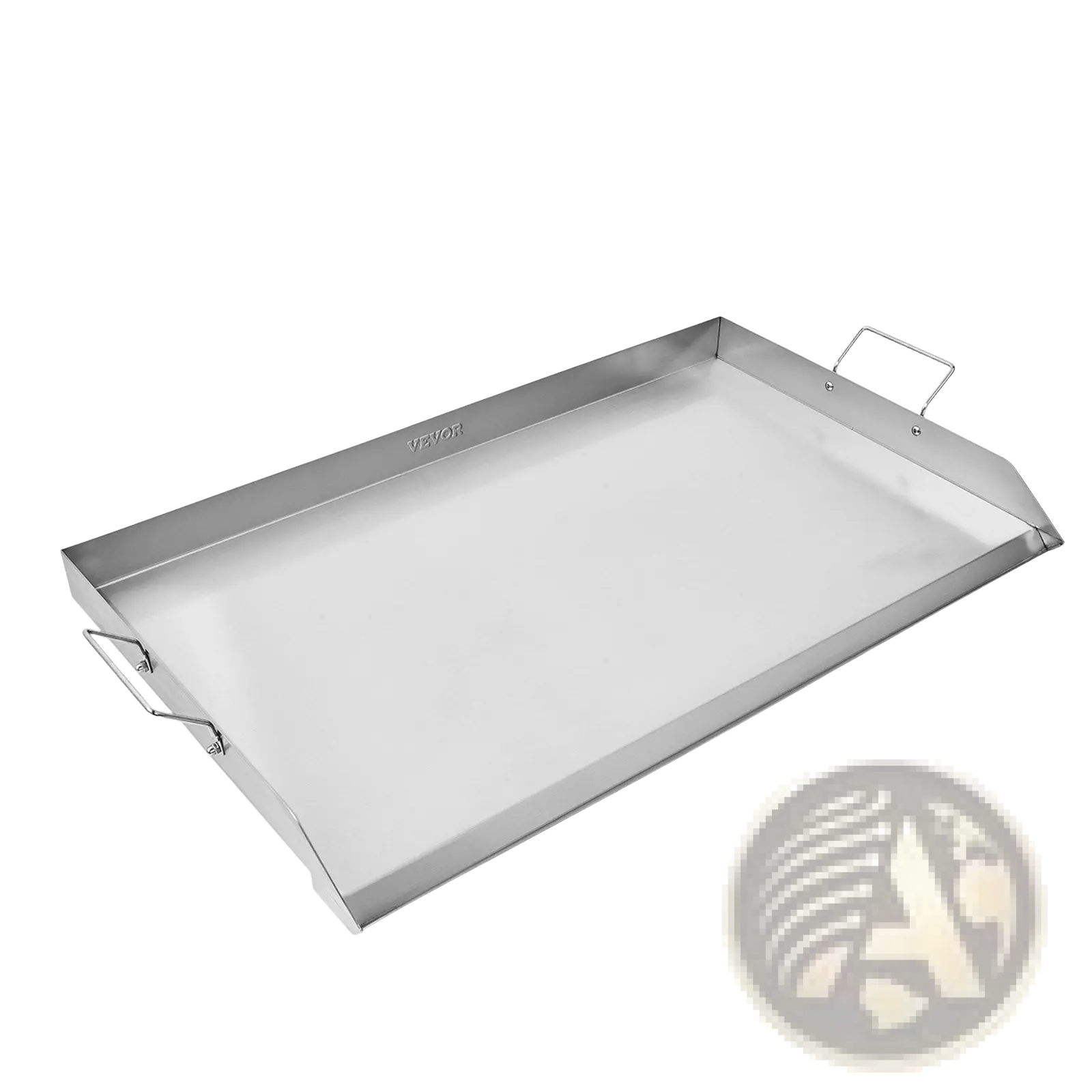 36x22 stainless steel flat top griddle bbq grill pan with two metal handles and slightly raised rim in silver color