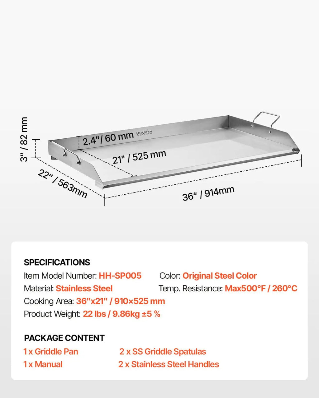 Stainless steel 36x22 flat top griddle bbq grill pan with rectangular cooking surface and two integrated handles